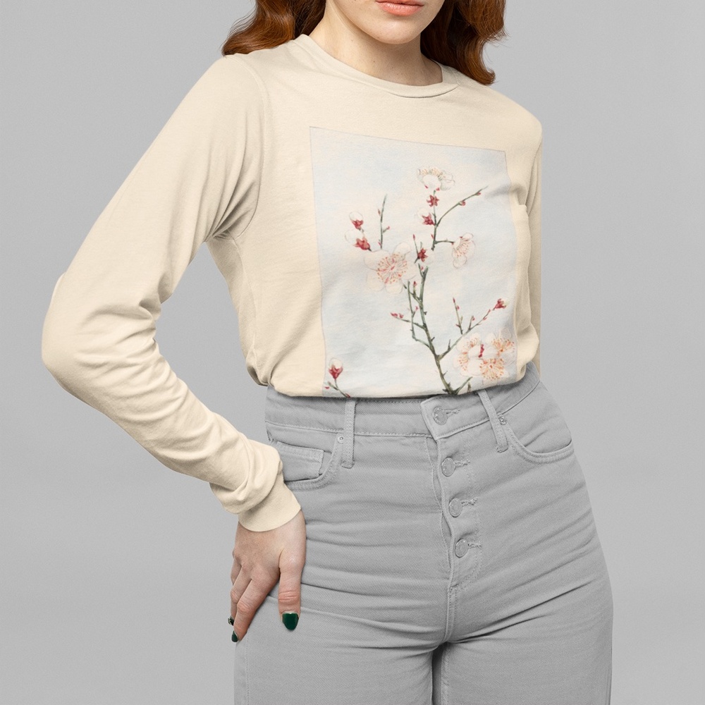Japanese Plum Blossom VTG Ukyio-e Print Long Sleeve Graphic Tee T-shirt S M L XL